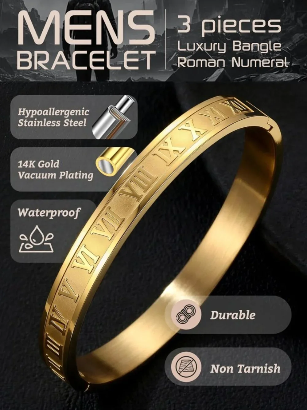 3Pcs Men's Stainless Steel Bracelets - Adjustable Roman Numeral & Twisted Cable